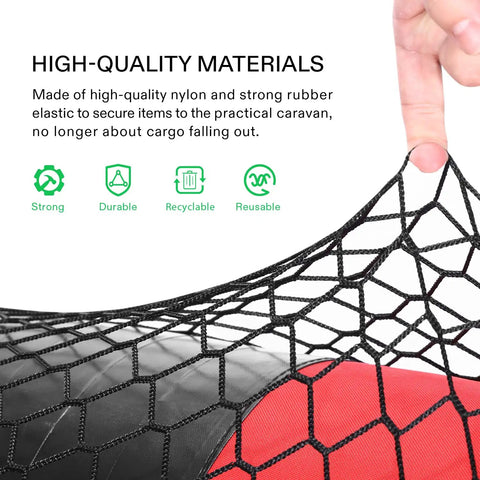 Heavy Duty Nylon Cargo Net For Garden And Folding Wagons Measures 36 By 30 Inches showing black elastic mesh securing cargo.