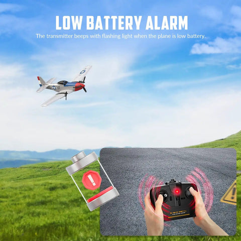 P 51D Mustang RC Plane in flight with transmitter and low battery alert shown