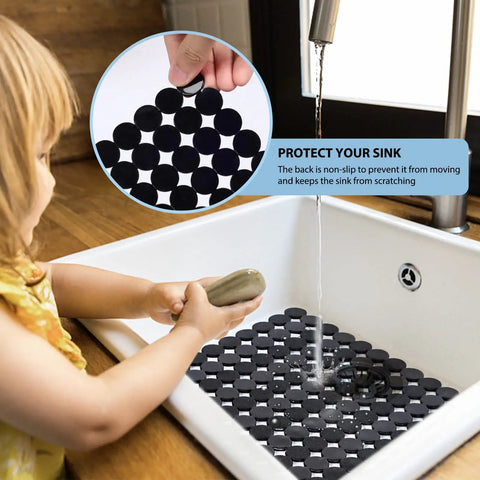 Child using Two Pack Adjustable Kitchen Sink Mat With Fast Draining Design That Protects Dishes And Glassware Easy To Clean Dish Drying Mat.