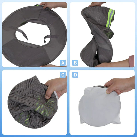 High Visibility Hard Hat Sun Shade Visor Neck Protector With Reflective Strip, shown in folding stages, grey mesh material, 2 pack