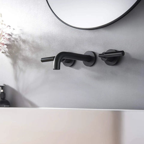 Matte Black Wall Mount Bathroom Faucet With Dual Handles, Solid Brass Construction, Wall Mounted Sink Faucet, Includes Rough-In Valve