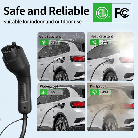 Portable Level 1 And Level 2 EV Charger With J1772 16A, weatherproof features displayed for home and on-the-go use.