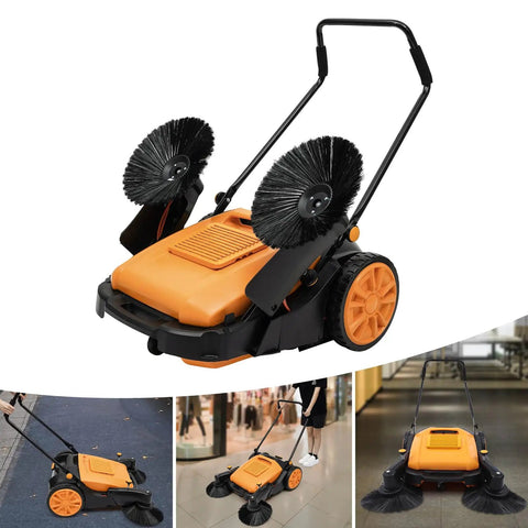 41 Inch Walk-Behind Floor Sweeper Hand Push Manual Dust Collector With 55 Litre Bin And Side Brushes For Warehouse Gym Concrete Heavy Duty Industrial Use Abs Nylon Construction in orange and black.