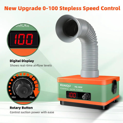 Powerful Desktop Solder Fume Extractor With 2 In 1 HEPA And Activated Carbon Filter, shown with digital display and rotary control