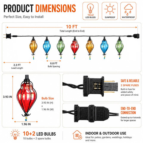 Product dimensions of multicolor flower string lights with 10 connectable bulbs, plug in, for indoor outdoor patio decor.
