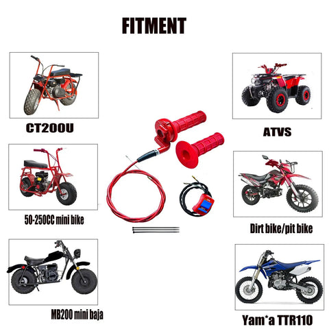 Red 7 By 8 Inch 22mm Twist Throttle Handle Grips Kit For Pit Bike Mini Bike Dirt Bike Pocket Bike 50cc 90cc 110cc 125cc 150cc 200cc 250cc With Cable Left Right Grips Aluminum Block And Flameout Switch shown with various bikes and ATVs.