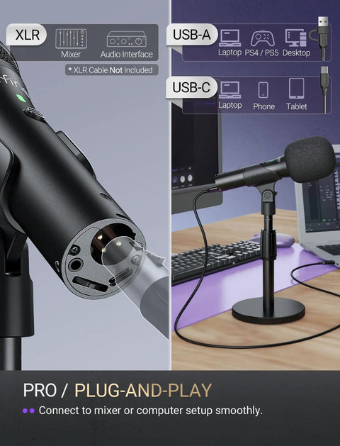 Dual USB And XLR Dynamic Desk Mic For Podcasts With Mute Button And Adjustable Stand Windscreen near computer setup