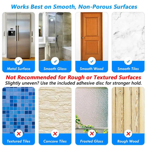 Smooth surfaces best for suction cup soap dish, showing metal, glass, wood, tiles; rough surfaces not recommended.