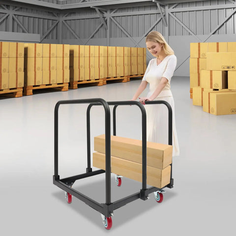 Heavy Duty 3 Pole Panel Cart With 200 Lbs Capacity Folding Table Truck And Locking Swivel Wheels, moving lumber in a warehouse.