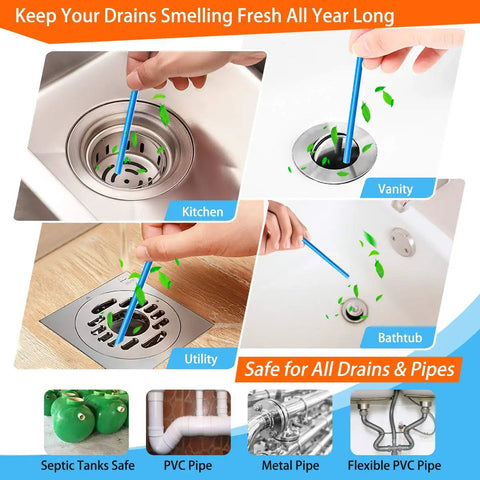 Power Enzyme Drain Cleaner Sticks that kick nasty pipe clogs in kitchen, vanity, and bathtub drains with ease.