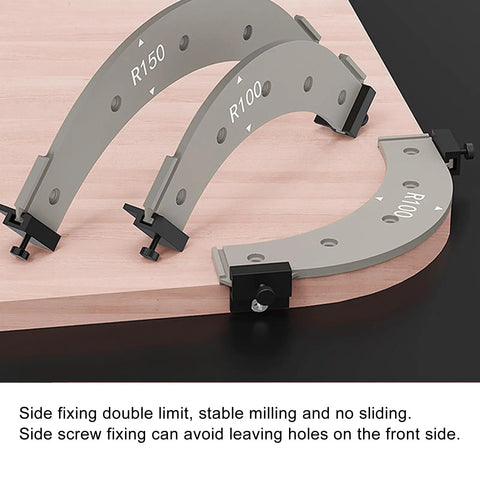 Drop Dead Knockout 5 Piece Round Corner Radius Template Set With R100 To R300 Specs, showing R100 and R150 templates in use.