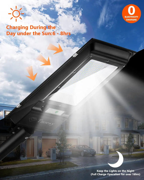 2 Pack 800W Solar Street Lights Outdoor With 60000LM Motion Sensor LED Flood Lights, dusk to dawn charging illustration