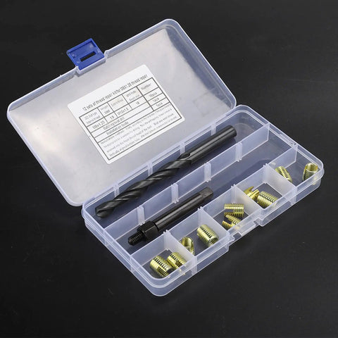 Thread Repair Kit 12Pcs M8 X 1.25 Self Tapping Thread Insert Tool Set With Vibration Anti Loosening For Auto And Industrial Applications Heavy Duty Easy For Car Repairs Trucks Trains Ships Machinery Electronics And Plastics. Open case with drill bit and inserts