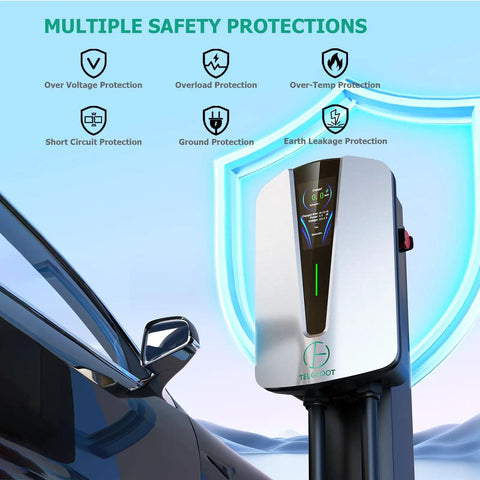 Level 2 EV Charger 48 Amp For Indoor And Outdoor Use With SAE J1772 Connector NEMA 14 50 Plug 25Ft Cable shown with car
