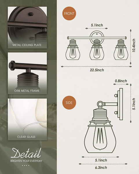 Diagram and details of Three Light Bathroom Vanity Light Fixture With Farmhouse Metal Frame And Clear Glass Lampshades