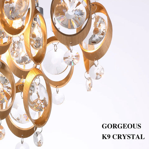 Close-up of K9 clear crystals on modern copper chandelier, part of 4 Light Modern Crystal Copper Flush Mount Chandelier Next Level 3 Tier Semi Flush Ceiling Light Fixture For Bedroom Bathroom Kitchen Hallway Dope Look With 4 G10 Bulbs.