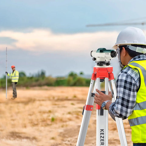 Heavy Duty 32X Automatic Optical Level Kit With Self Leveling Magnetic Dampener And Secure Transport Lock Built Like A Tank Featuring Lightweight Aluminum Survey Tripod Plus Nine Foot Grade Rod And Rugged Carry Case For Precision Job Sites in use on job site.