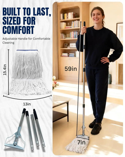 Built Tough 59 Inch Commercial String Mop System with 7 inch metal frame and adjustable handle for comfortable cleaning.