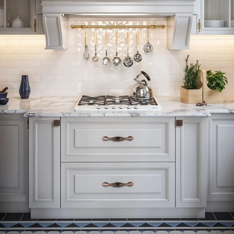 Modern kitchen with 5 Inch Brushed Antique Copper Cabinet Pulls Set Of 10 Solid Arch Drawer Handles For Kitchen Cabinets And Dressers
