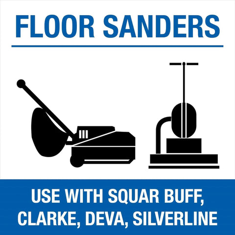 Illustration of floor sanders compatible with square buff machines like Clarke, Deva, Silverline for sanding with 12x18 sheets.