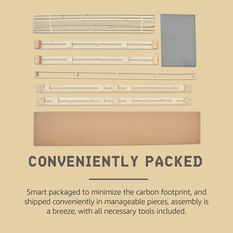 Queen Size 4 Inch Low Profile Bed Foundation Built Tough With Heavy Duty Wooden Slats For Zero Sag Mattress Support boxed parts ready for assembly.