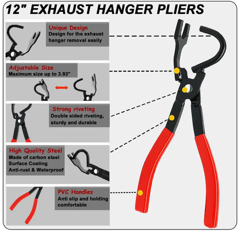 Universal Exhaust Hanger Removal Tool And 4 Holes Rubber Kit with heavy duty pliers illustration showing features and dimensions.