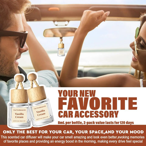 Premium Hanging Car Air Freshener Diffuser Set, Two Pack Vanilla Cream Oil Dispenser With Wood Cap And Glass Bottle, car interior with couple and diffuser