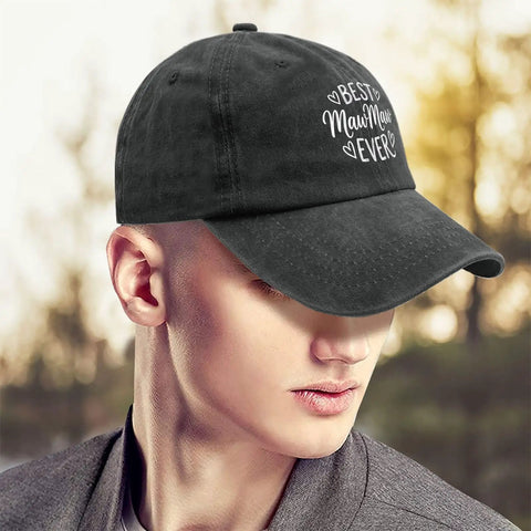 Person wearing black cap with 'Best MawMaw Ever' text, Lightweight Women's Baseball Cap With Ventilated Crown For All Day Comfort And Breathable Air Flow