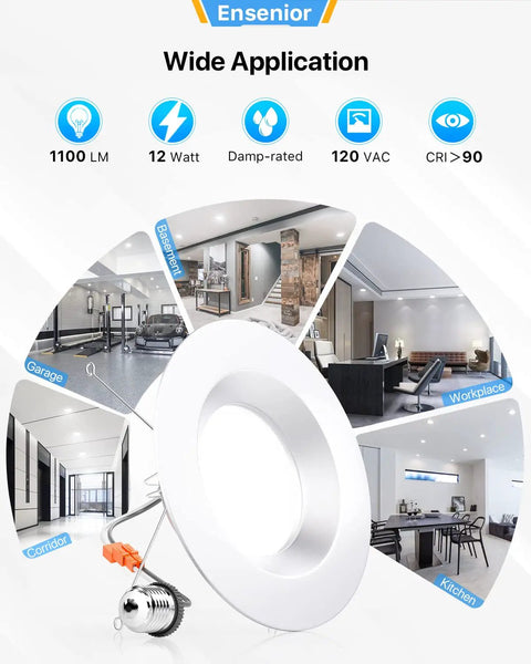 Six Pack 5 To 6 Inch LED Recessed Can Lights Retrofit Kit With 5000K Daylight, dimmable downlight shown in home settings