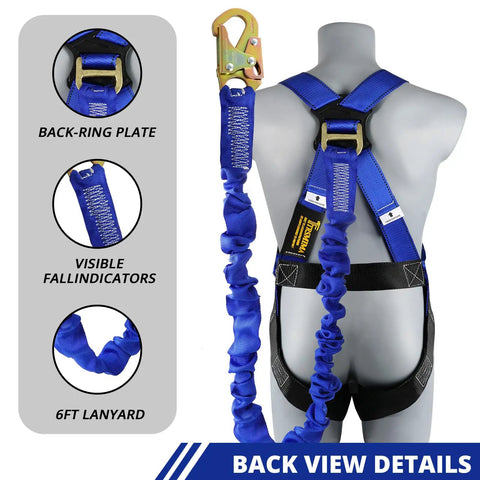 Back view of Heavy Duty Full Body Fall Arrest Safety Harness With Six Foot Shock Absorbing Lanyard Ansi Certified, showing six foot lanyard.