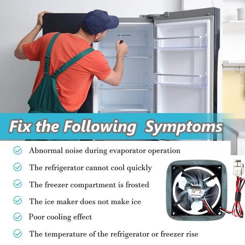 Man checking fridge with text overlay and Refrigerator Evaporator Fan Motor With Silent Sponge For Quiet Operation Replacement Compatible With RF Series Models RF18 RF20 RF22 RF23 RF24 RF25 RF26 RF28 RF30 RF31 RF323 RF34 RF4267 RT16 Easy Install Durable Low Noise Cooling.
