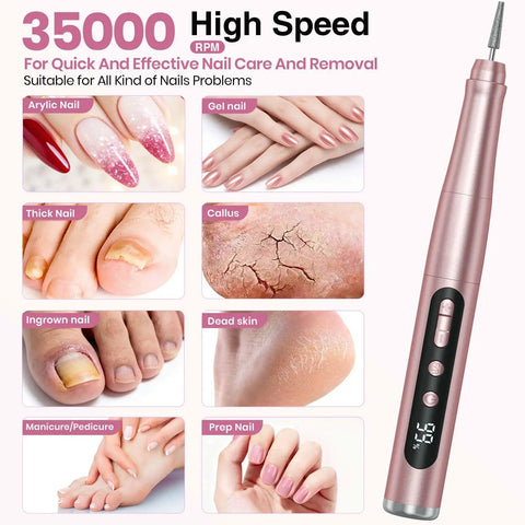 Image showing Badass Cordless Nail Drill Delivers 35000RPM Electric File With Clear Lcd Screen for nail care and removal.