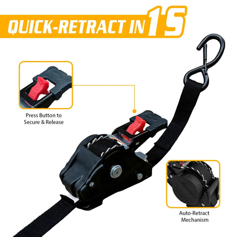 Tough Built Retractable Ratchet Straps For Heavy Duty Cargo Hauling Auto Retract Tie Downs showing quick-retract button and strap.