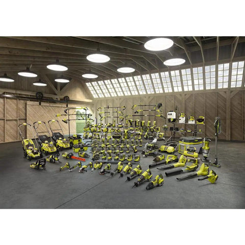 A large collection of yellow power tools, including OneAnd 18V Cordless Compact Band Saw 2-1/2 Inch Capacity Tool Only P590, arranged in a workshop.