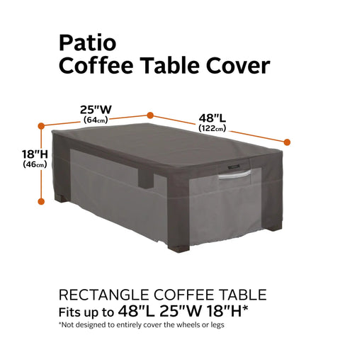 Ravenna 48 Inch Rectangular Patio Coffee Table Cover Weatherproof Water Resistant Heavy Duty Outdoor Table Protector With Gardelle Fabric And 2 Year Warranty covering table with dimensions 48x25x18 inches.