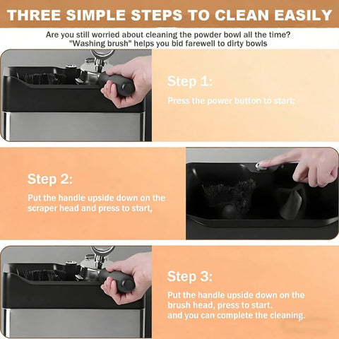 Electric Coffee Knock Box And Portafilter Cleaner With Dual Brush Heads showing cleaning steps and user instructions.
