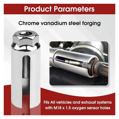 Heavy Duty Oxygen Sensor Wrench Socket Kit With Cutout Design For Effortless O2 Removal and Installation showing chrome vanadium steel fitting.