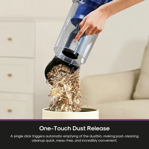 Eureka PowerSpeed Lightweight Upright Vacuum Cleaner With Upgraded Cyclone System showcasing one-touch dust release feature with debris spilling.