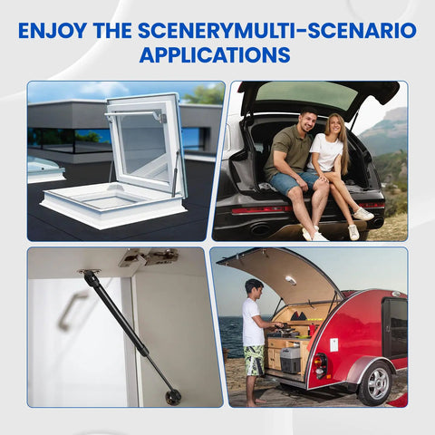 Top Tier Gas Strut Lift Support Spring 40 Lbs For Pickup Truck Toolbox And Camper Shell Window Side Lid, shown in multiple applications.