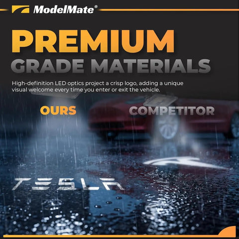 Side-by-side comparison of Tesla Logo Puddle Lights projecting on wet ground next to competitor's less defined image.