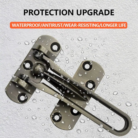 Heavy Duty Swing Bar Door Lock Keeps Your Front Door Locked Down Tight With Quick Peek Viewer Solid Zinc Alloy Build In Warm Antique Brass close-up showing waterproof, durable design.