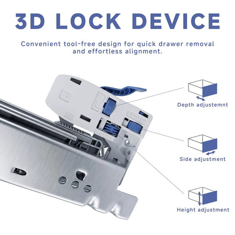 3D lock device for Smoove 21 Inch Undermount Drawer Slides Soft Close Heavy Duty Silent Glide, tool-free alignment adjustments.