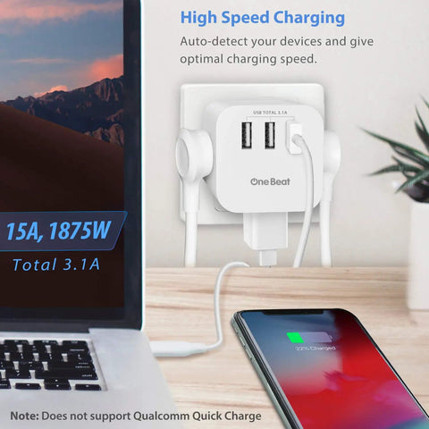 Travel Ready Three Outlet Extender With Three USB Ports And Built In Surge Protector plugged in with devices charging