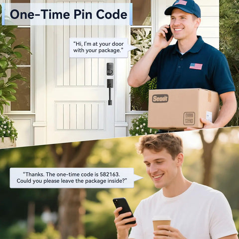 No Sweat Smart Fingerprint Door Lock With Lightning Fast Zero Lag App Unlock And Smooth Turn Handle Set In Glossy Black at front door, delivery in progress.