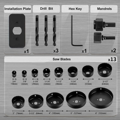 KATA Hole Saw Kit, 20 pcs, includes drill bits, mandrels, hex key, storage case; blades from 3/4 in to 6 in