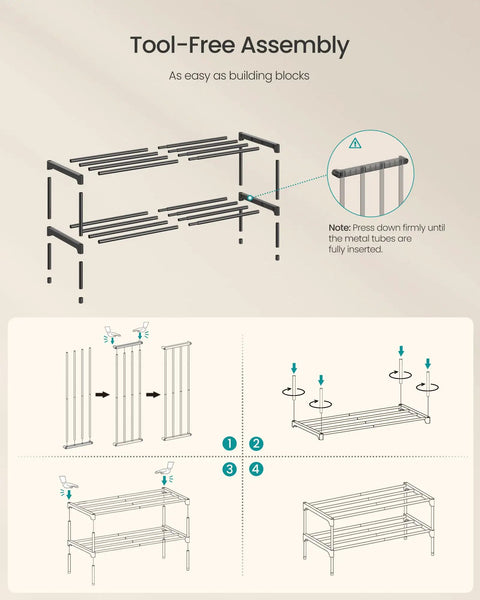 Tool-free assembly instructions for Heavy Duty Two Tier Stackable Metal Shoe Rack Organizer For Fresh Kicks And Comfy Loafers.