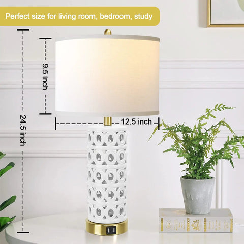 White Ceramic Table Lamp Set Of 2 With Linen Fabric Shades, Modern Farmhouse Nightstand Lamps, shown with measurements and decor.