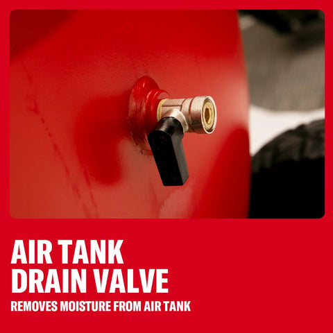 Craftsman Oil Free Portable Air Compressor 26 Gallon Tank 150 PSI Max featuring drain valve for removing moisture.
