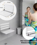16 Inch Foldable Shower Seat Wall Mounted For Adults With 400 Lb Max Load Easy Drop Down Design Heavy Duty Waterproof Wood And Stainless Steel Build No Fuss Fits Small Inside Shower Spaces White displayed in bathroom with towel-clad woman