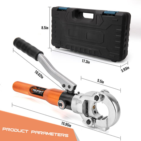 Heavy Duty Hydraulic Pipe Crimping Tool With 1/2 3/4 And 1 Inch Jaws for Copper Tube Fittings and case dimensions.